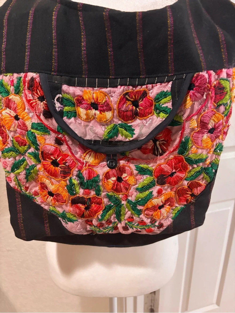 Embroidered Floral Black Hobo Bag with Pink Accents
